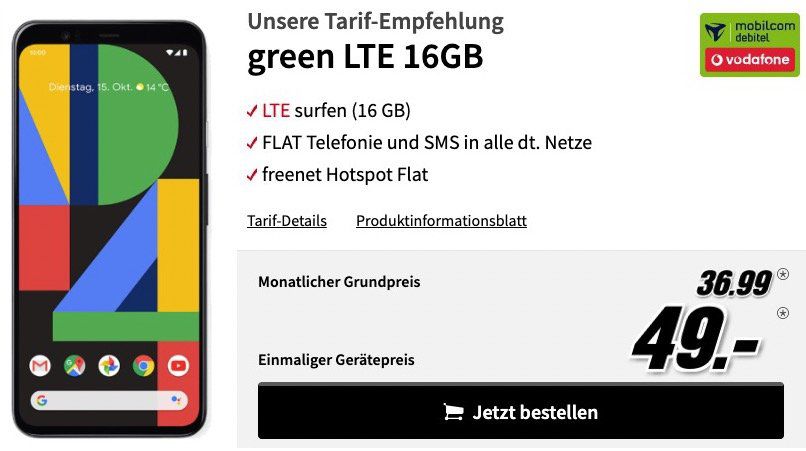 Google Pixel 4 für 49€ + Vodafone Flat mit 16GB LTE für 36,99€ mtl.