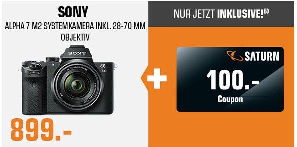 Sony Alpha 7 II   24MP Digi Cam Kit mit Objektiv 28 70 mm für 899€ (statt 978€) + 100€ Geschenk Coupon