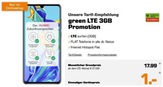 Huawei P30 für 1€ + Allnet Flat im Vodafone Netz mit 3GB LTE für 17,99€ mtl.