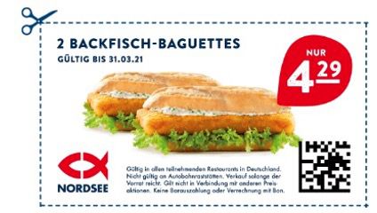 Nordsee Gutscheine bis zu 50% Rabatt z.B. 2 Backfisch Baguettes 4,29€ und 2. Filet für 1€ Aufpreis