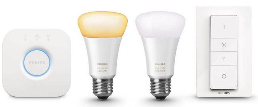 Philips Hue White Ambiance Starter Set + Bridge + Dimmschalter + 2 x E27 ZigBee Leuchtmittel für 89,99€ (statt 120€)