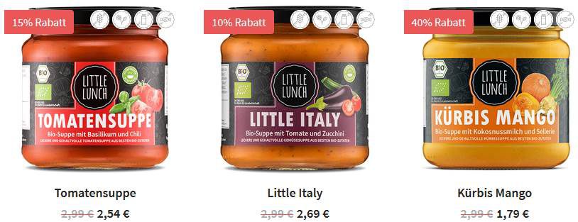 Little Lunch Kürbis Mango, Tomatensuppe oder Little Italy (je 350ml) ab 1,61€ (statt 2,99€)   keine VSK ab 17 Suppen