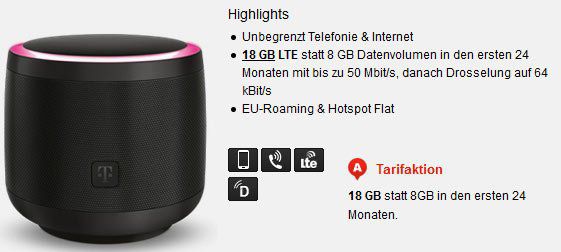 Telekom Netz: 18GB LTE (50 Mbit/s) mit AllNet Flat für 24,99€ mtl. + Telekom Smart Speaker für 1€