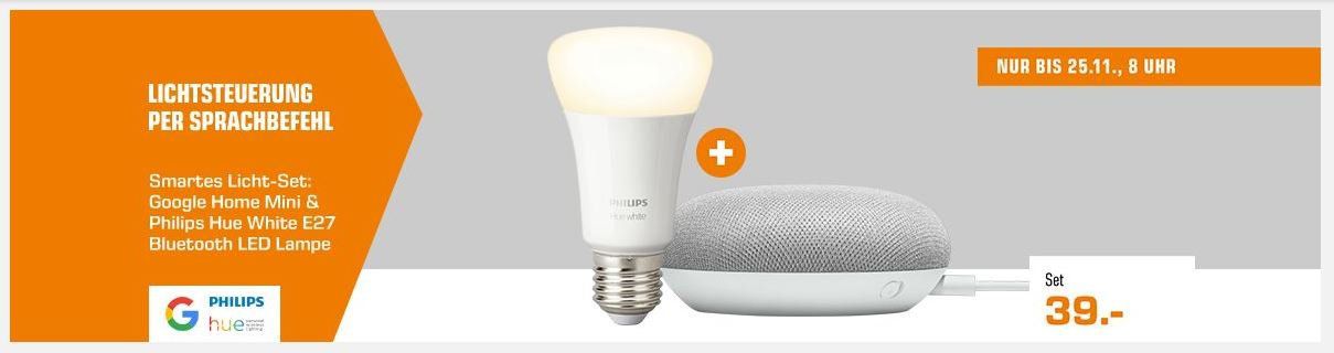 Google Home Mini + Philips Hue E27 White LED für 39€ (statt 57€)