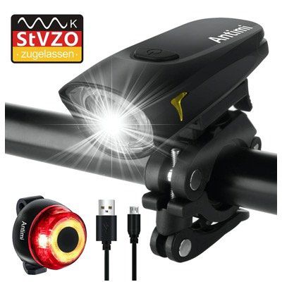 Antimi Fahrradbeleuchtungs LED Set mit Akku und 2 Leuchtmodi natürlich IPX 4 wasserdicht für nur 12,23€ (statt 20€)