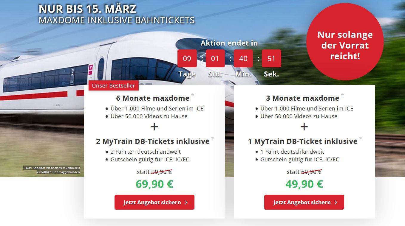 2 Deutsche Bahn Tickets (auch ICE) + 6 Monate maxdome für 69,90€