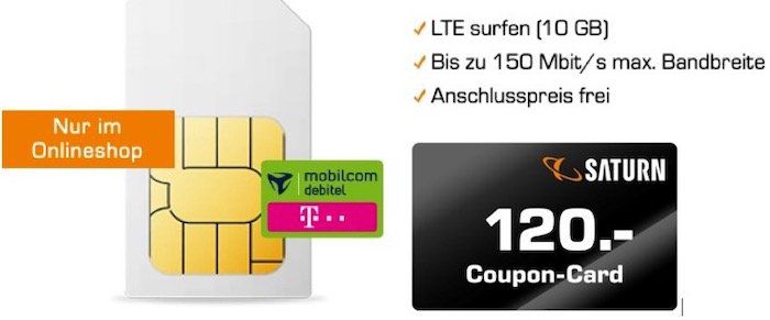 🔥Telekom 10GB LTE Datentarif für rechn. 9,99€ mtl. + 120€ Saturn Coupon