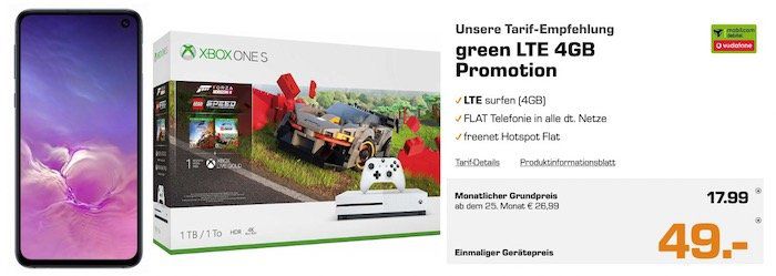 Samsung Galaxy S10e + Xbox One S 1TB für 49€ + Vodafone Flat mit 4GB LTE für 17,99€ mtl.