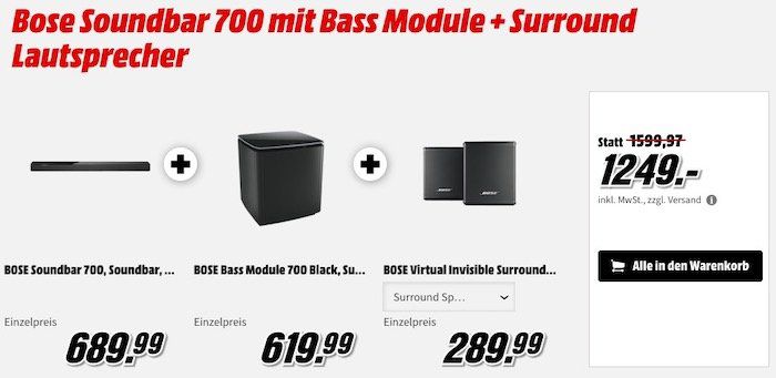Endet heute: Bose Soundbar 700 mit Bass Module + Surround Lautsprechern für 1.249€ (statt 1.516€)