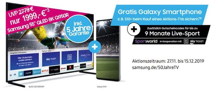 Samsung Q950RGT 8K Fernseher für 1.999€ (statt 2.756€) + gratis Galaxy S10+ inkl. Telekom DSL (50 Mbit) für 34,95€ mtl.
