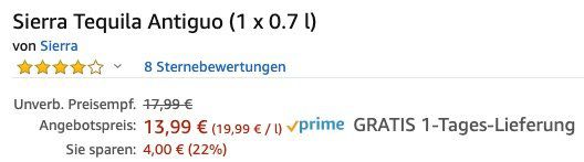 Abgelaufen! Sierra Tequila Antiguo (0,7 Liter) für 13,99€ (statt 21€)   Prime