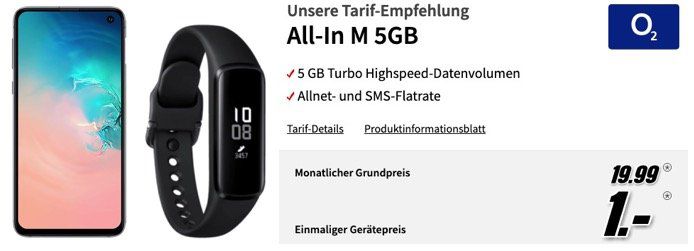 Ausverkauft! Galaxy S10e in Weiss + Fit e + Buds für 1€ + o2 Allnet Flat mit 5GB LTE für 19,99€ mtl.   oder Vodafone 4GB für 17,99€