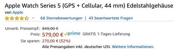 Ausverkauft! Apple Watch Series 5 (GPS + Cellular, 44 mm) mit Edelstahlgehäuse + Milanaise Armband für 579€ (statt 799€)