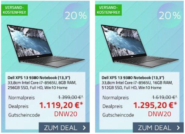 20% Rabatt auf ausgewählte Dell Notebooks   z.B. Dell XPS 13 (9380) mit i7 + 512GB SSD für 1.295€ (statt 1.619€)