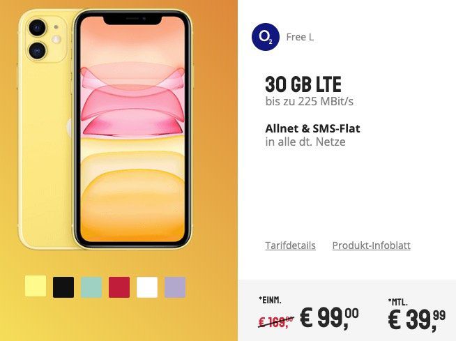 iPhone 11 in vielen Farben für 99€ + o2 Flat mit 30GB LTE für 39,99€ mtl.   junge Leute 60GB!