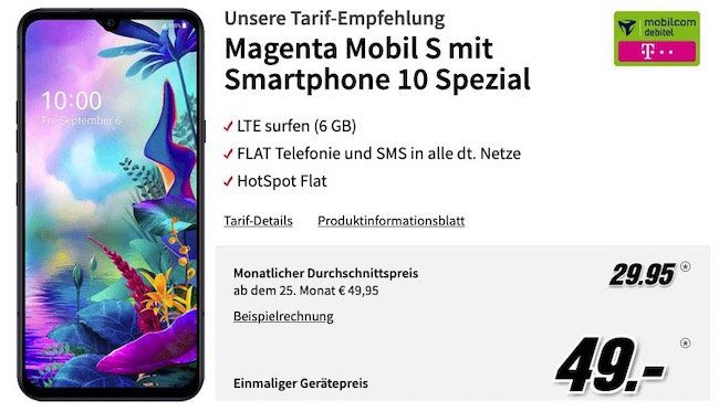 LG G8X Thinq für 49€ + Telekom Magenta AllNet & SMS Flat + Hotspot + 6GB LTE für rechn. 29,95€ mtl.