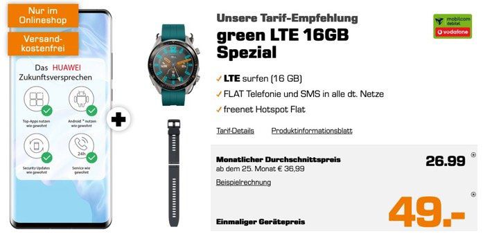 Huawei P30 Pro + Watch GT Active für 49€ + Allnet Flat Vodafone Netz + 16GB LTE für 26,99€ mtl.