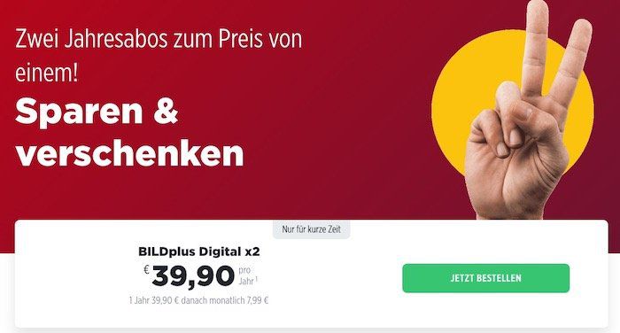🔥 BILDplus Digital Jahresabo für 39,90€ (statt 96€) + 2. Jahresabo gratis zum verschenken (Wert auch 96€)