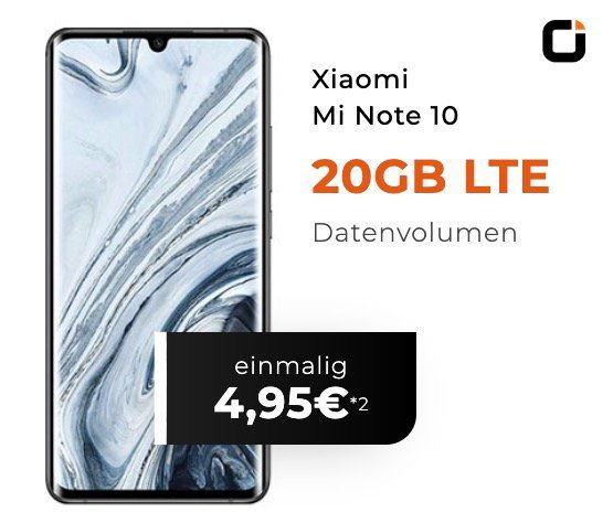 Xiaomi Mi Note 10 für 4,95€ + Vodafone Flat mit 20GB LTE für 29,99€ mtl.