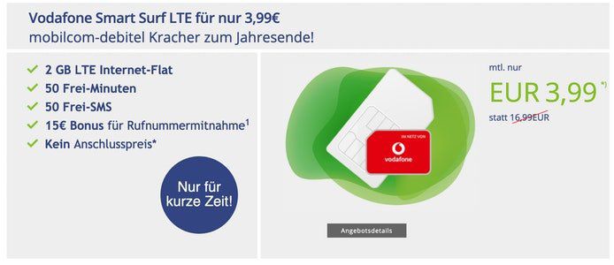 Nur noch heute 🔥 Vodafone Smart Surf mit 50 Min/SMS + 2GB LTE für 3,99€ mtl. ohne Anschlussgebühr!