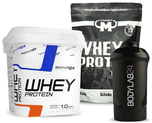 bodylab24 Whey Protein (1kg) + Mammut Whey Protein Schoko (1kg) + Shaker für 19,99€ (statt 32€)