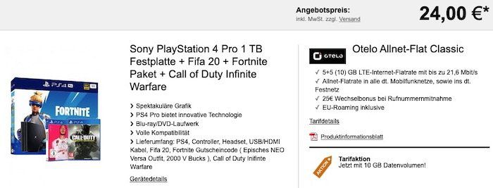 PS4 Pro inkl. Fifa 20 + Fortnite Paket + Call of Duty Infinite Warfare für 24€ + Vodafone Flat mit 10GB LTE für 19,99€ mtl.