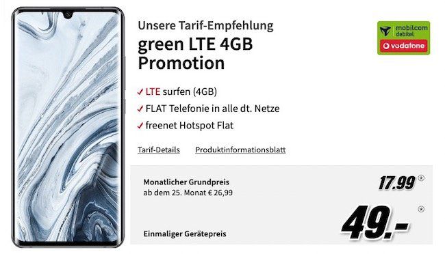 Xiaomi Mi Note 10 Pro für 49€ + Vodafone Flat mit 4GB LTE für 17,99€ mtl.