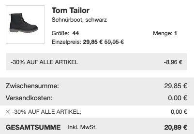 Schnell? Tom Tailor Schnürboots 1031488 in Schwarz für 20,89€ (vorher 60€)