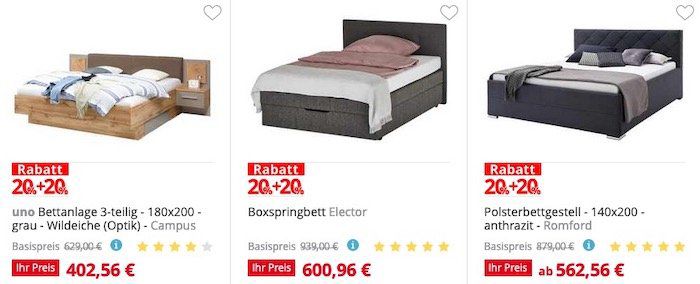 Bei Höffner 36% Rabatt auf viele Möbel und Matratzen   z.B. Metallbett Gestell ab 82,56€