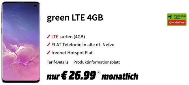 Samsung Galaxy S10 für 29€ + Vodafone Netz Flat mit 4GB LTE für 26,99€ mtl.