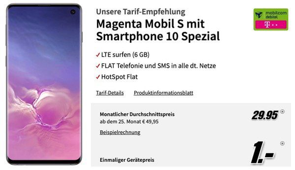 Samsung Galaxy S10 nur 1€ + Telekom Flat mit 6GB LTE 300MBit für 29,95€ mtl.