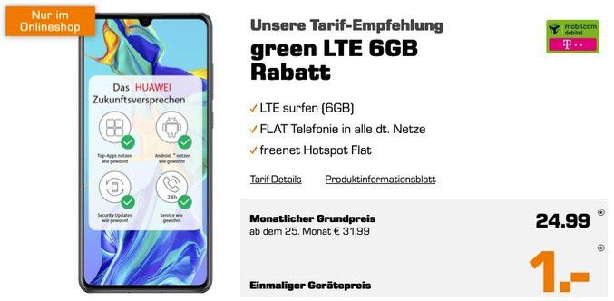 Huawei P30 mit 128GB für 1€ + Telekom Allnet Flat mit 6GB LTE für 24,99€ mtl.