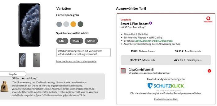 iPhone 11 Pro 64GB für 429,95€ + Vodafone Flat mit 13GB LTE für 36,99€ mtl. (mit GigaKombi 18GB)   iPhone 11 für 99,95€