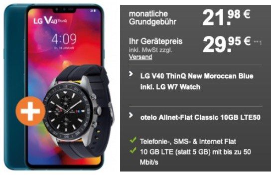 LG V40 ThinQ + LG W7 Watch für 29,95€ + Vodafone Flat mit 10GB LTE50 für 21,98€ mtl.