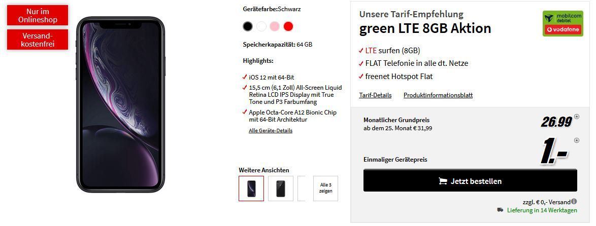 iPhone XR für 1€ (statt 643€) + Vodafone Allnet Flat mit 8GB LTE für 26,99€ mtl.