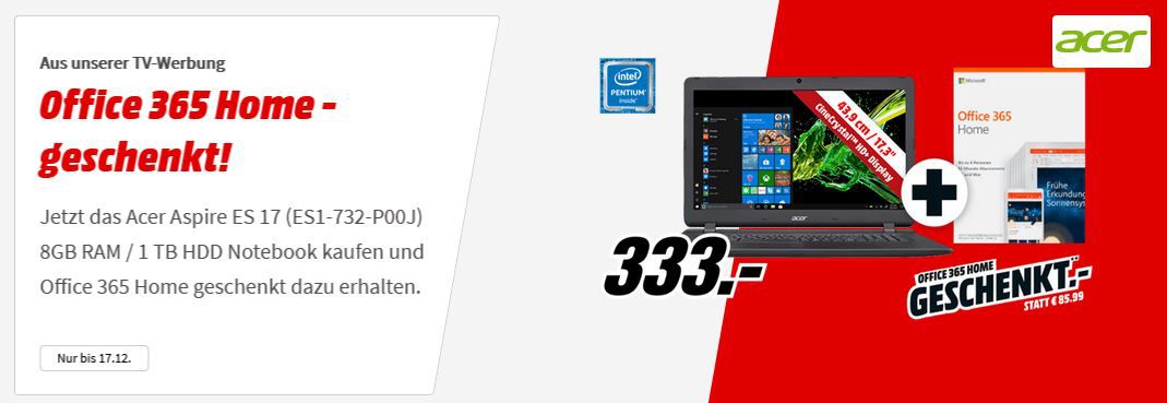 ACER Aspire ES 17   17.3 Notebook intelN4200 CPU, 8GB RAM, 1TB HDD + Office 365 Home ab 333€ (statt 448€)