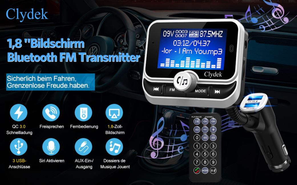 Clydek Auto USB Ladegerät mit 1.8 Zoll FM Transmitter für 18,59€ (statt 31€)