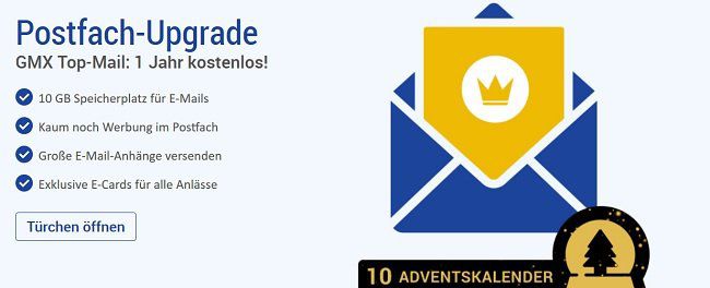 NUR HEUTE: Ein Jahr GMX Top Mail Postfach gratis (statt ca. 60€)