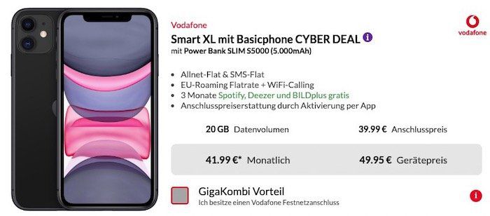 Apple iPhone 11 + Powerbank für 49,95€ + Vodafone Flat mit 20GB LTE für 41,99€ mtl.