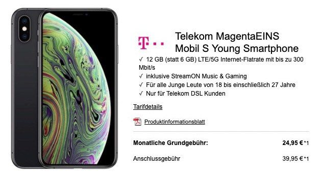 Young: iPhone XS für 14€ + Telekom MagentaEINS Mobil S mit 12GB LTE inkl. StreamOn für 29,95€ mtl.