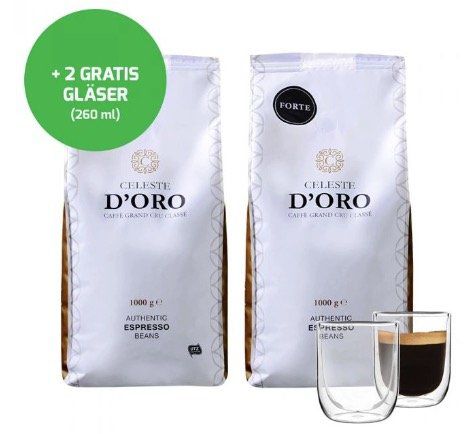2kg Celeste dOro Kaffeebohnen + 2 Kaffeegläser (je 260ml) für 30,94€