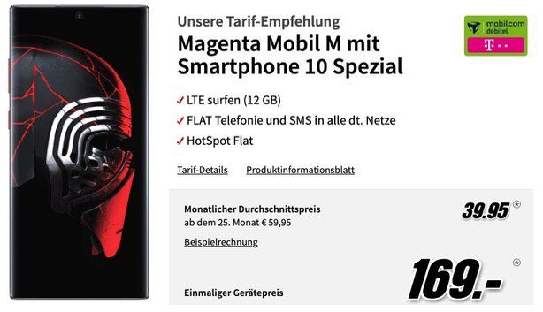 Galaxy Note10+ 256GB Star Wars für 169€ + Telekom Megenta M mit 12GB LTE300 für rechn. 39,95€