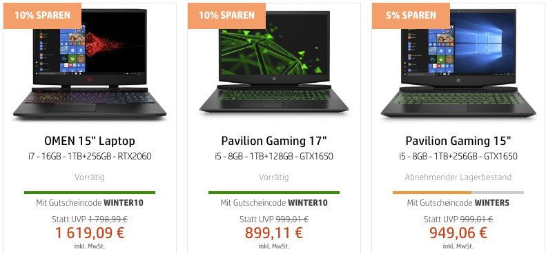 HP Winter Sale   z.B.  HP Envy 13 x360 für 764€ (statt 875€) oder HP Reverb VR Headset für 509€ (statt 584€)