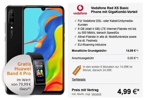 Vodafone Kunden: Huawei P30 lite + Huawei Band 4 Pro nur 4,99€ + Vodafone Flat mit 9GB LTE für 22,49€ mtl.