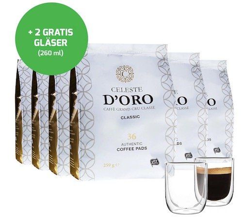 216er Pack Celeste dOro Senseo Pads inkl. 2 doppelwandige Gläser für 36,99€