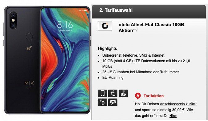 Xiaomi Mi Mix 3 5G für 69,95€ + Vodafone Flat mit 10GB LTE für 19,99€ mtl.