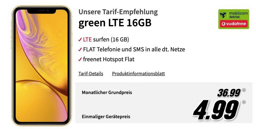 iPhone XR mit 256GB in Gelb oder Koralle für 4,99€ + Vodafone Flat mit 16GB LTE für 36,99€ mtl.