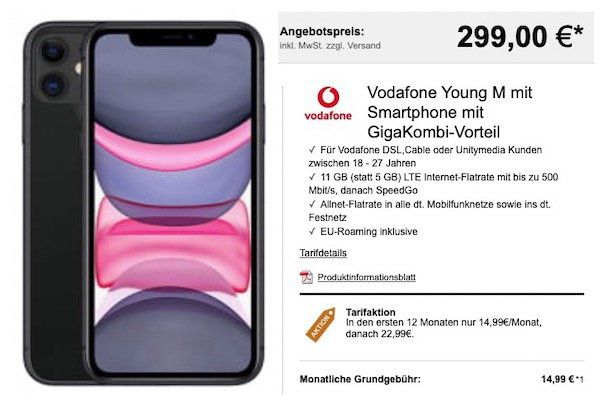 Young + GigaKombi: iPhone 11 für 299€ + Vodafone Flat mit 11GB LTE für 18,99€ mtl.