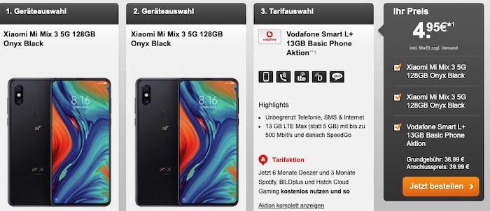 2x Xiaomi Mi Mix 3 5G für 4,95€ + Vodafone Flat mit 13GB LTE für 36,99€ mtl.