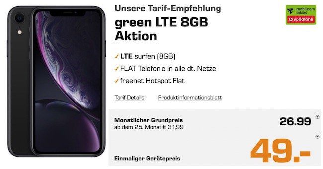 Abgelaufen! Apple iPhone XR mit 128GB für 49€ + Vodafone Flat mit 8GB LTE für 26,99€ mtl.